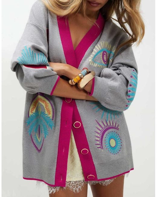 River Island Gray Long Sleeve Embroidered Motif Cardigan