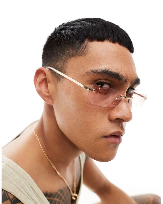 ASOS Brown Rimless Slim Sunglasses With Pink To Yellow Lens for men