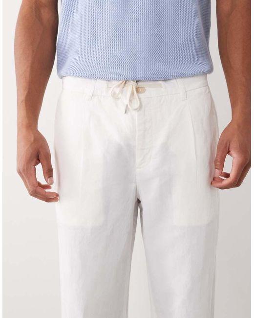 Mango White Linen Blend Straight Leg Draw String Trousers for men