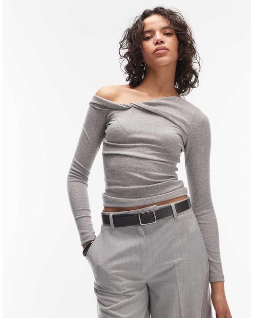 ASOS Gray Fallen Shoulder Long Sleeve Top