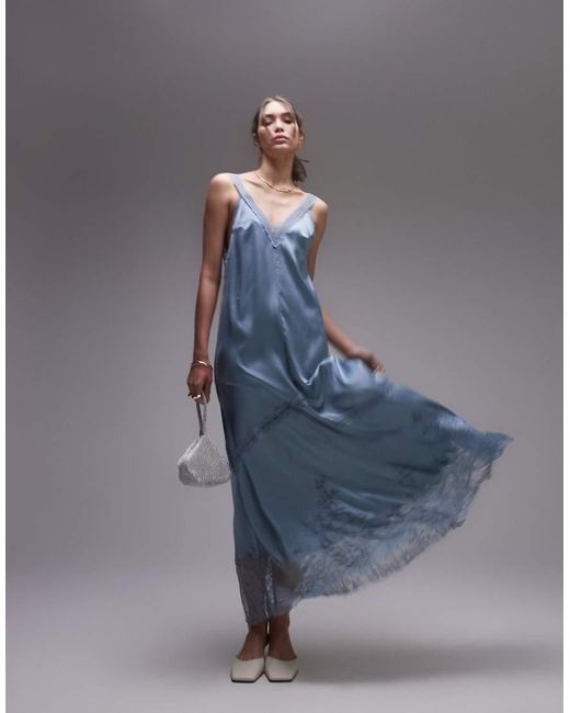 TOPSHOP Blue Maxi Dress With Lace Insert