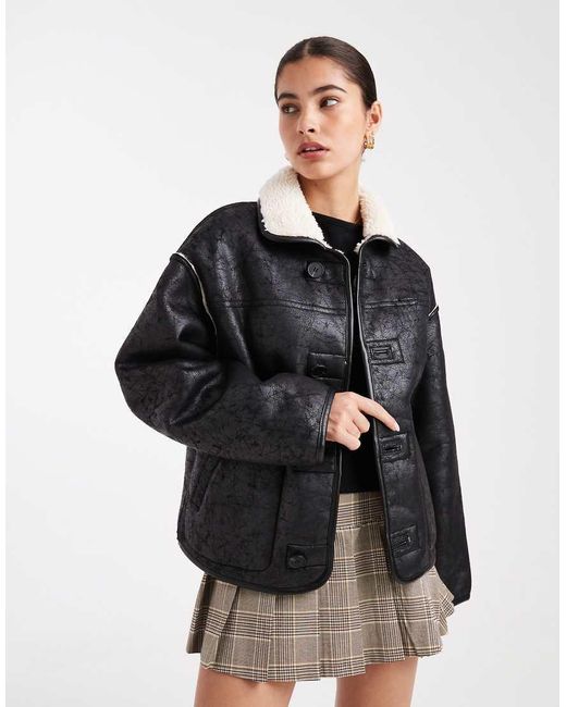 South Beach Black Reversable Borg Lined Pu Button Down Jacket