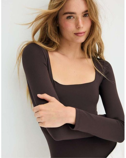 Stradivarius Blue Polyamide Bodysuit With Square Neckline