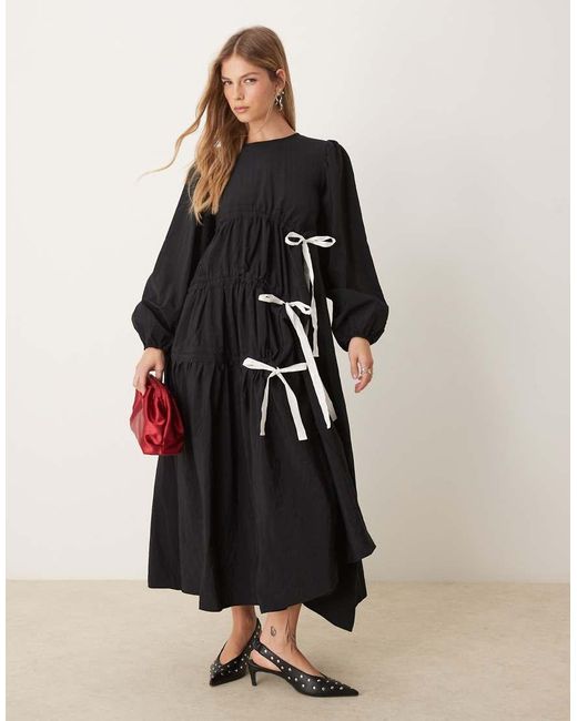 Ghospell Black Contrast Bow Ruched Midi Dress