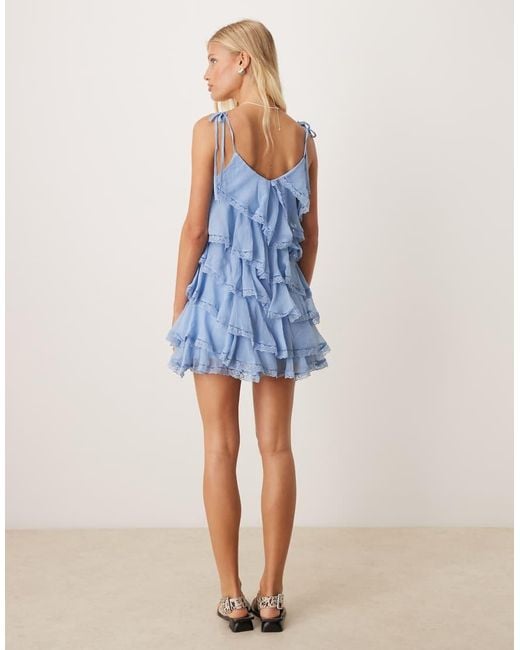 Miss Selfridge Blue Tiered Chiffon Mini Dress With Lace Detail