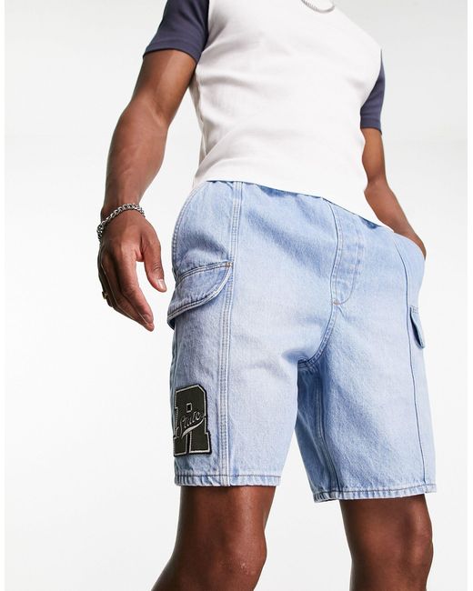 ASOS Blue Pull On Regular Length Denim Cargo Shorts With Patch for men