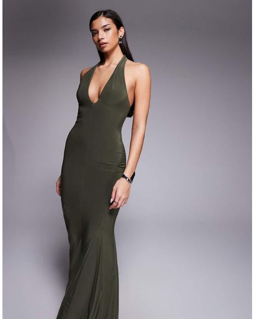 Fashionkilla Gray Exclusive Double Sculpted Slinky Plunge Halterneck Godet Hem Maxi Dress