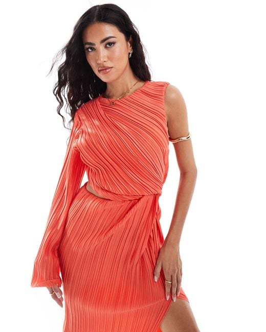 Robe plissee mi longue et asymetrique a detail fendu corail ASOS en coloris Rouge Lyst