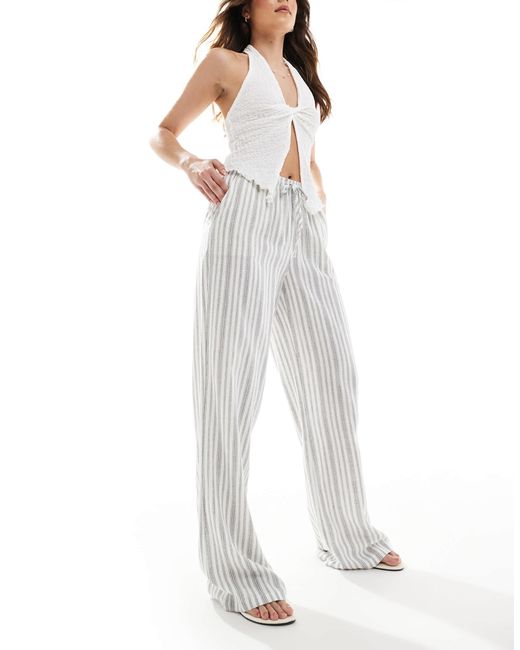 Stradivarius White Linen Blend Pull On Crinkle Pants