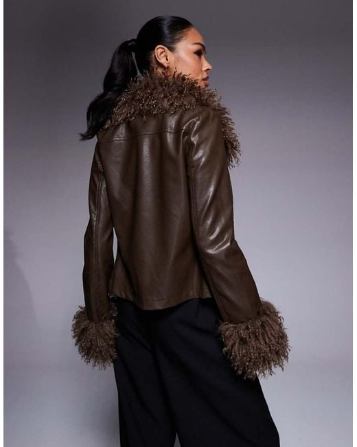 Princess Polly Gray Cupid shaggy Faux Fur Trim Leather Look Jacket