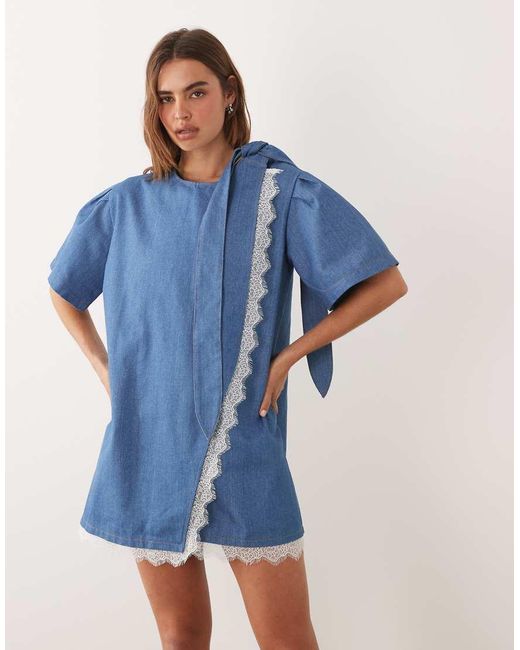 Ghospell Blue Denim Puff Sleeve Lace Trim Wrap Detail Mini Dress