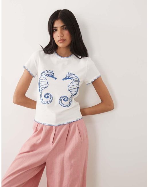 ASOS White Blanket Stitch Baby Tee With Seahorse Embroidery