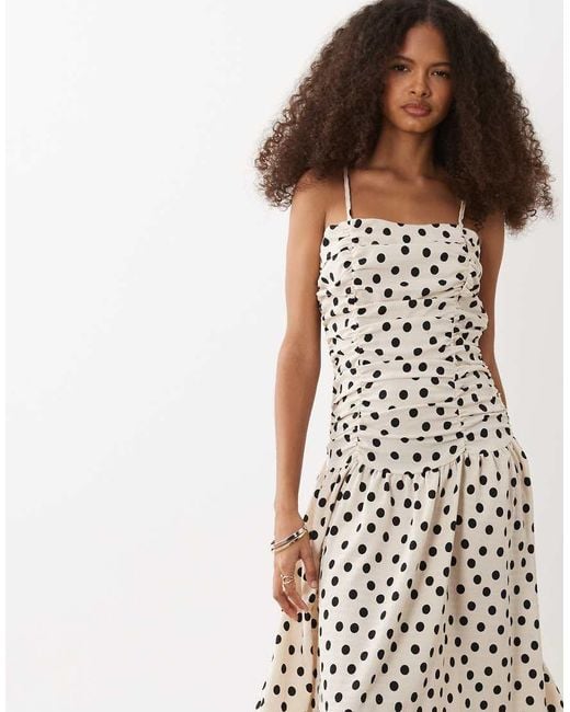 Brave Soul White Strappy Midi Polka Dot Dress With Drop Waist