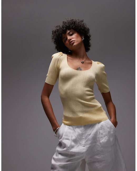 & Other Stories Metallic Knit Mixed Ribbed Top With Scoop Neck And Puff Sleeves