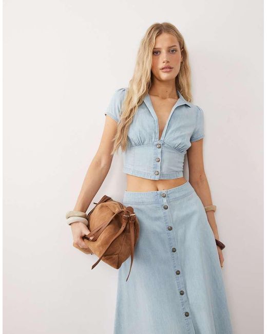 Free People Blue Easy Does It Denim Blouse And Midaxi Skirt Set