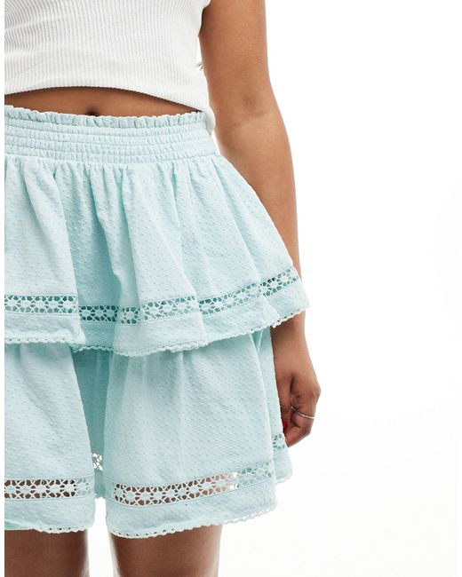 ASOS Blue Dobby Cotton Shirred Waist Lace Insert Rara Skirt