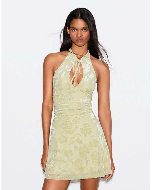 Bershka Green Flocked Tulle Halter Dress
