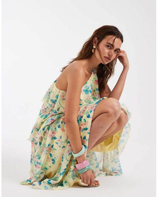 Vero Moda Green Felicia One Shoulder Tiered Maxi Dress With Corsage Detail
