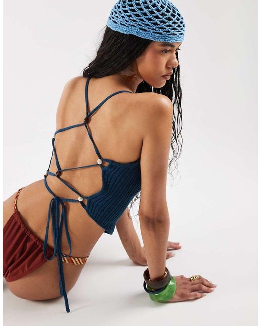 Reclaimed Vintage Blue Knitted Cami With Strappy Back Detail And Beads