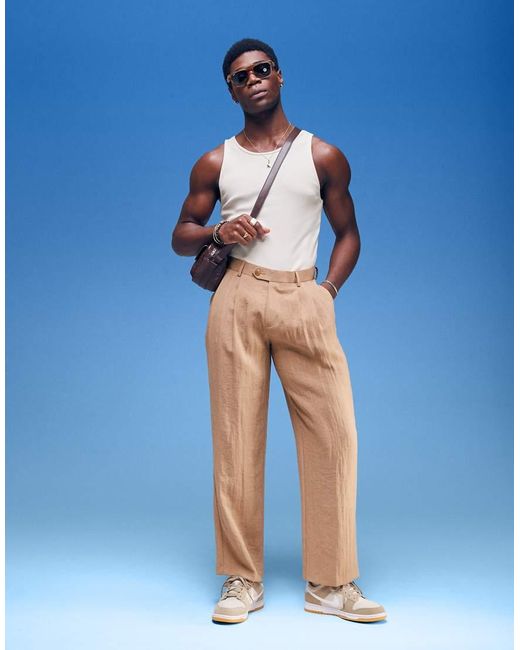 ASOS Natural Smart Wide Leg Linen Look Trousers With Double Pleats for men