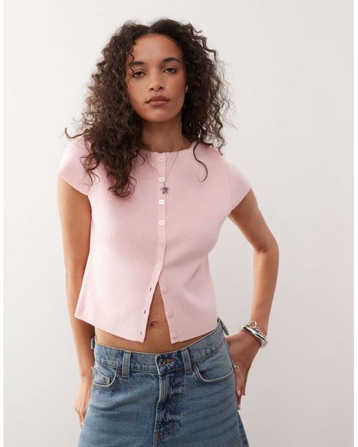 Collusion Pink Knitted Rib Button Through Top