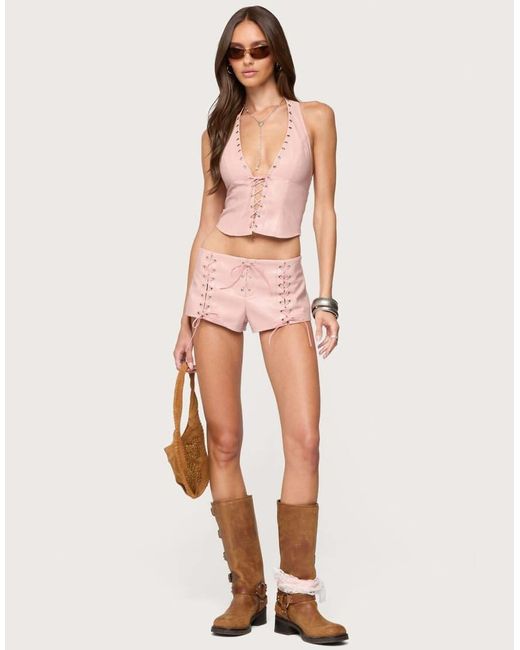 Edikted Pink Elisha Lace Up Faux Leather Halter Top