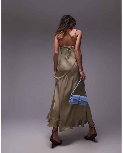 TOPSHOP Gray Twist Shoulder Exposed Seam Midi Slip Dress