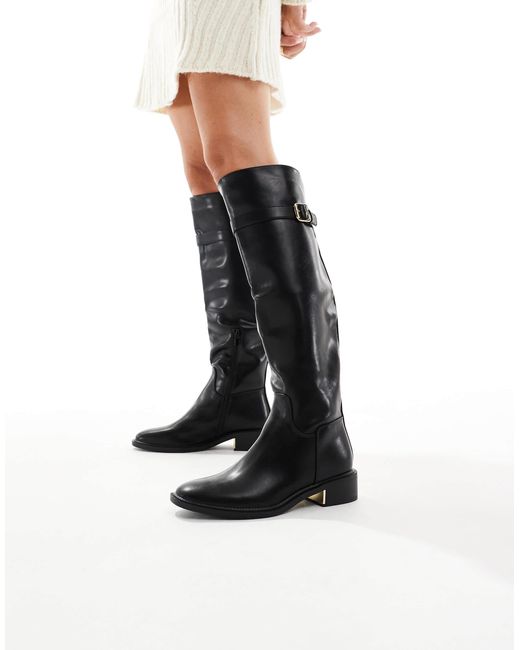 SEQWL Wide Fit Black Latte Buckle Detail Riding Boots