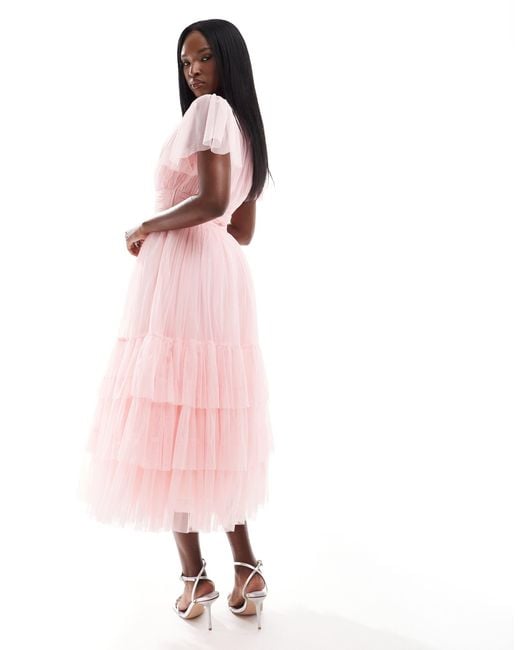 L'invitée - madison - robe mi-longue en tulle à col en v - pâle LACE & BEADS en coloris Pink