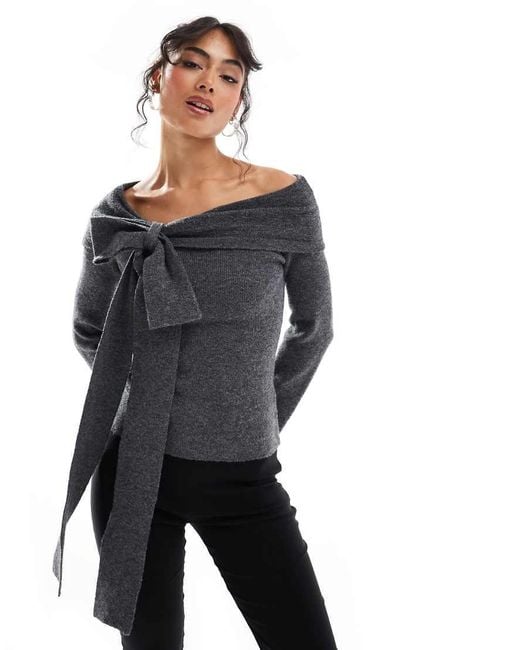 Pretty Lavish Gray Bardot Bow Knitted Top