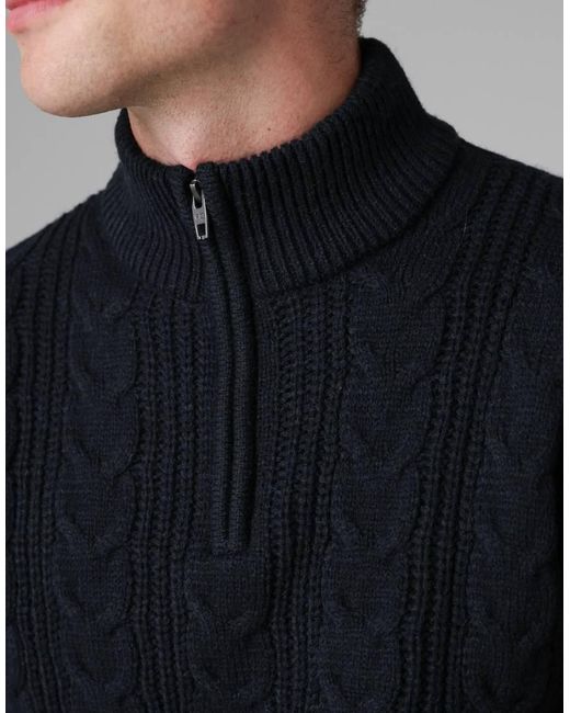 French Connection Blue 1/2 Zip Cable Knit Jumper for men