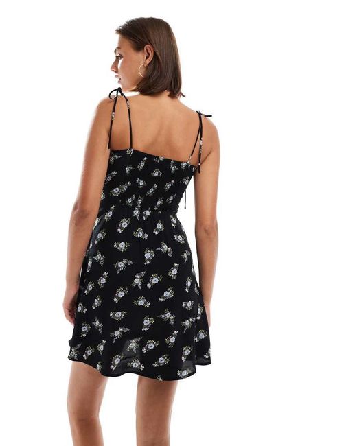 Brave Soul Black Floral Print Flare Mini Dress With Tie Straps