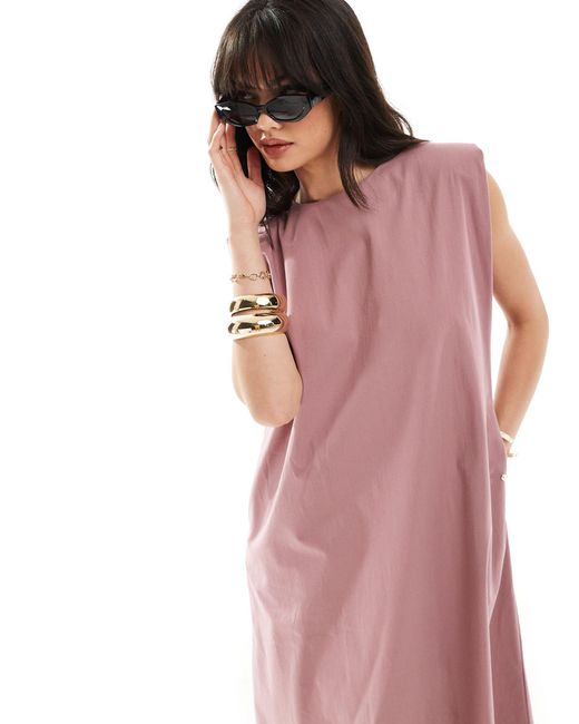 ASOS Pink Cotton Shapeless Midi Dress With Shoulder Pads