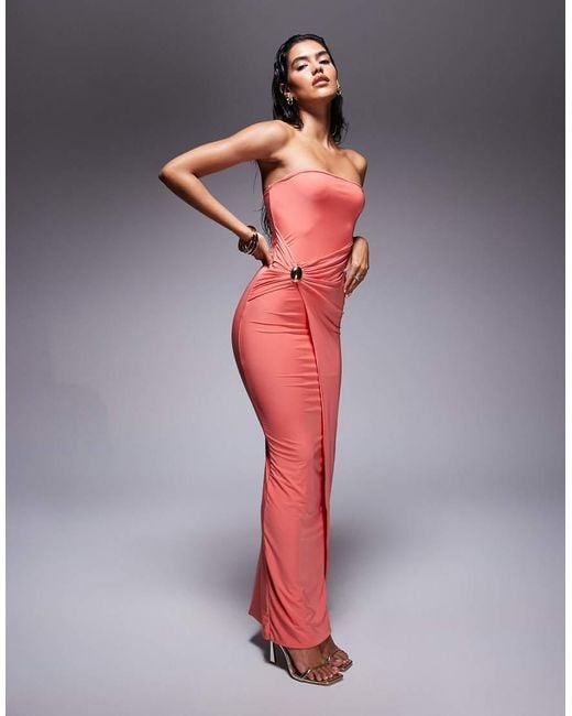 Fashionkilla Red Double-sculpted Slinky Bandeau Metal Drape Detail Maxi Dress