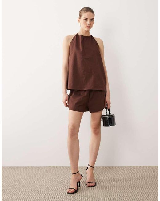 SNDY'S Brown Linen Blend Halterneck Low Back Top Co-ord