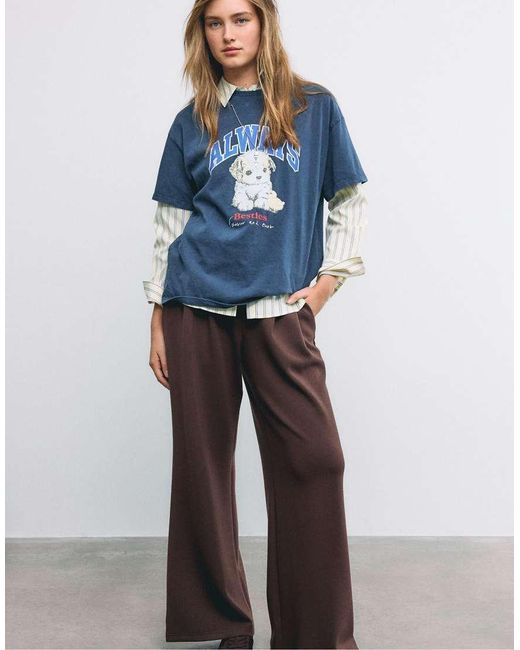Stradivarius Blue Short Sleeve T-shirt With Graphic And Appliqué