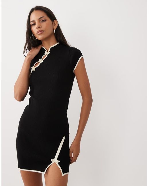 ASOS Black Knitted Mandarin Mini Dress With Contrast Tipping