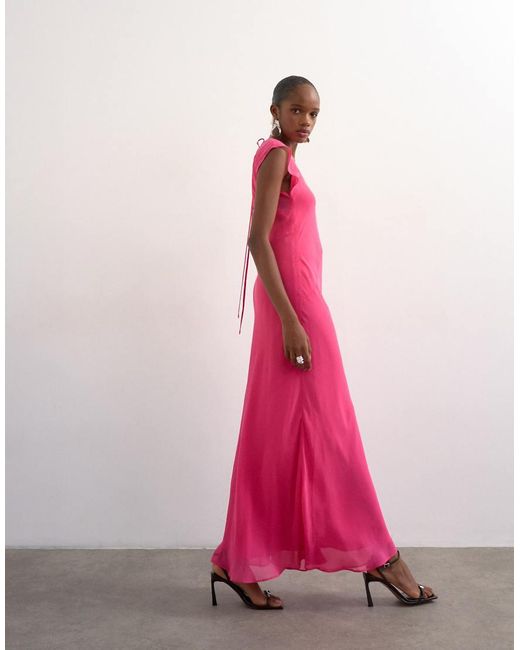TOPSHOP Pink Asymmetric Flutter Sleeve Maxi Dress With Seaming