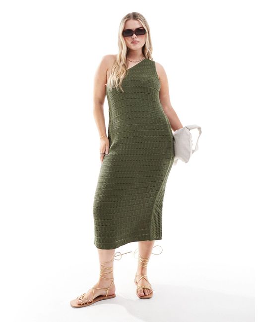 ASOS Green Asos Design Curve Knitted Crochet One Shoulder Maxi Dress
