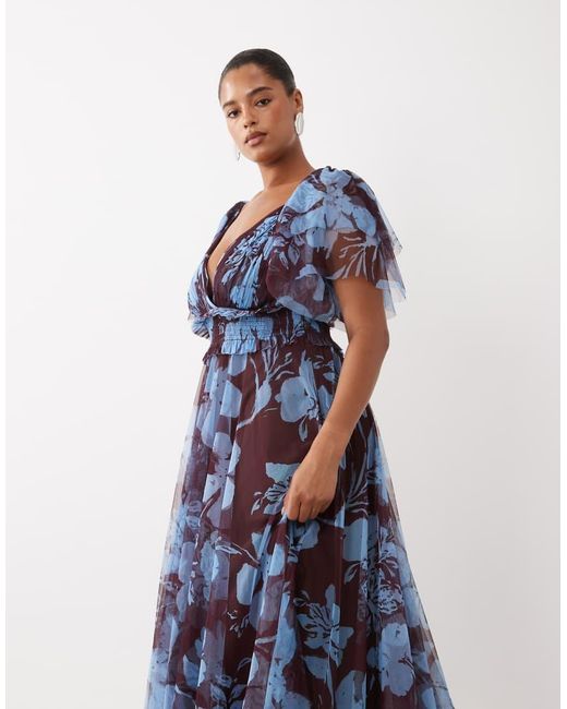 Lace & Beads Plus Blue Tulle V Neck Flutter Sleeve Maxi Dress