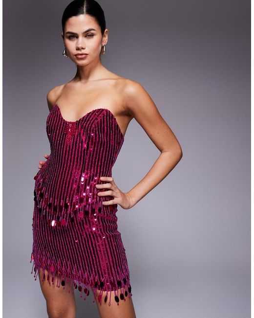 Vestido Corto Con Escote Palabra De Honor, Cuerpo Estilo Corsé, Abalorios Y Detalle De Lazo De ASOS de color Pink