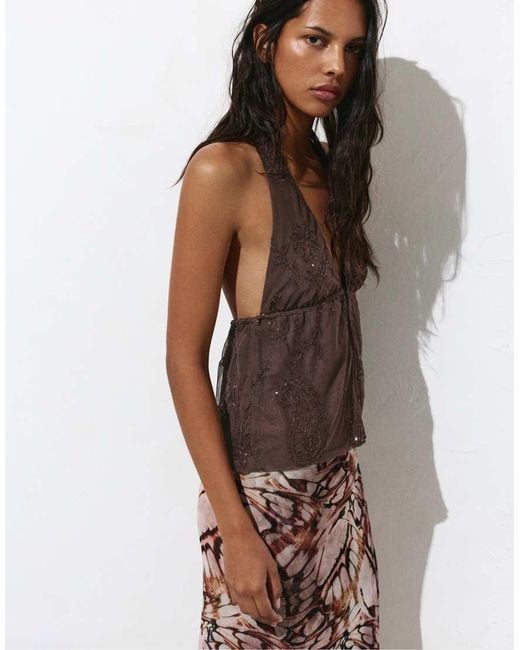 Pull&Bear Brown Sequin Halter Top