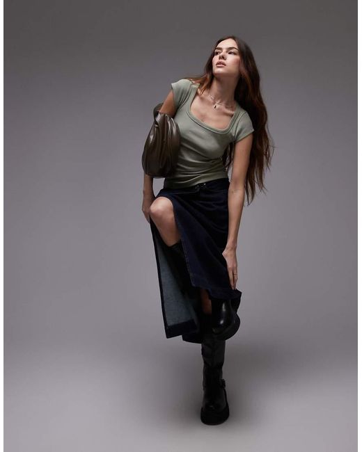 TOPSHOP Gray Square Neck Ribbed Cap Sleeve Tee