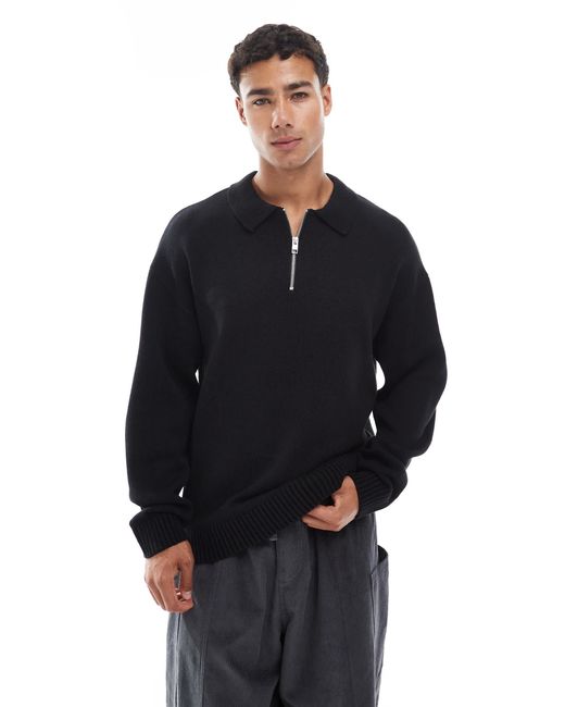 Jack & Jones Blue Oversize Quarter Zip Knitted Polo for men