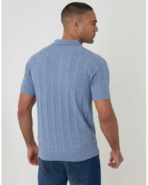 Threadbare Blue Cable Stripe Knitted Button Polo for men