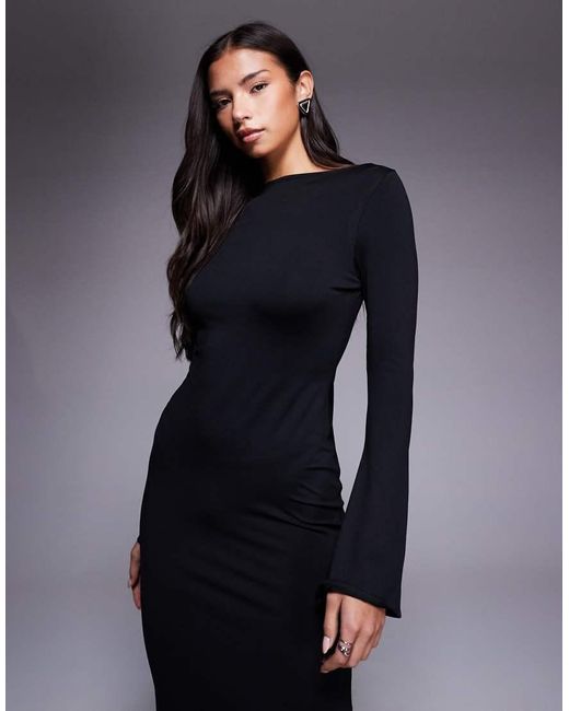 ASOS Blue Slash Neck Fluted Sleeve Maxi Dress