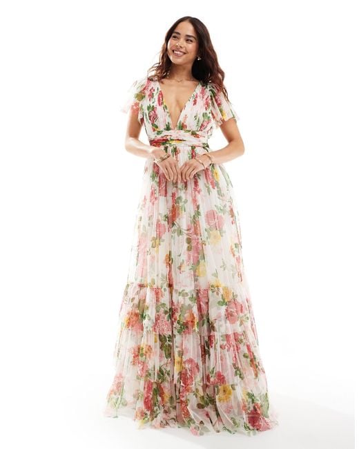LACE & BEADS Natural Bridesmaid Madison V Neck Tulle Maxi Dress