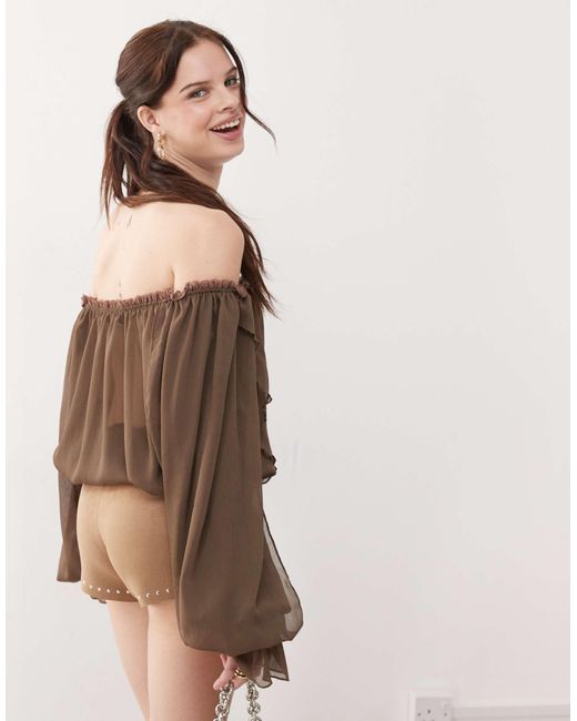 The Kript Brown Boho Off Shoulder Ruffle Top