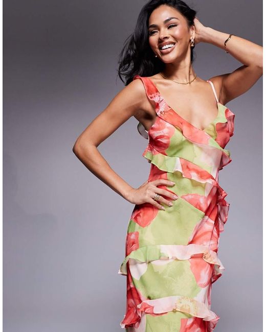 Vestito Lungo A Fiori Rossi E Lime Con Volant di Forever New in Red