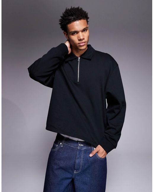 ASOS Blue Boxy Oversized Quarter Zip With Collar for men